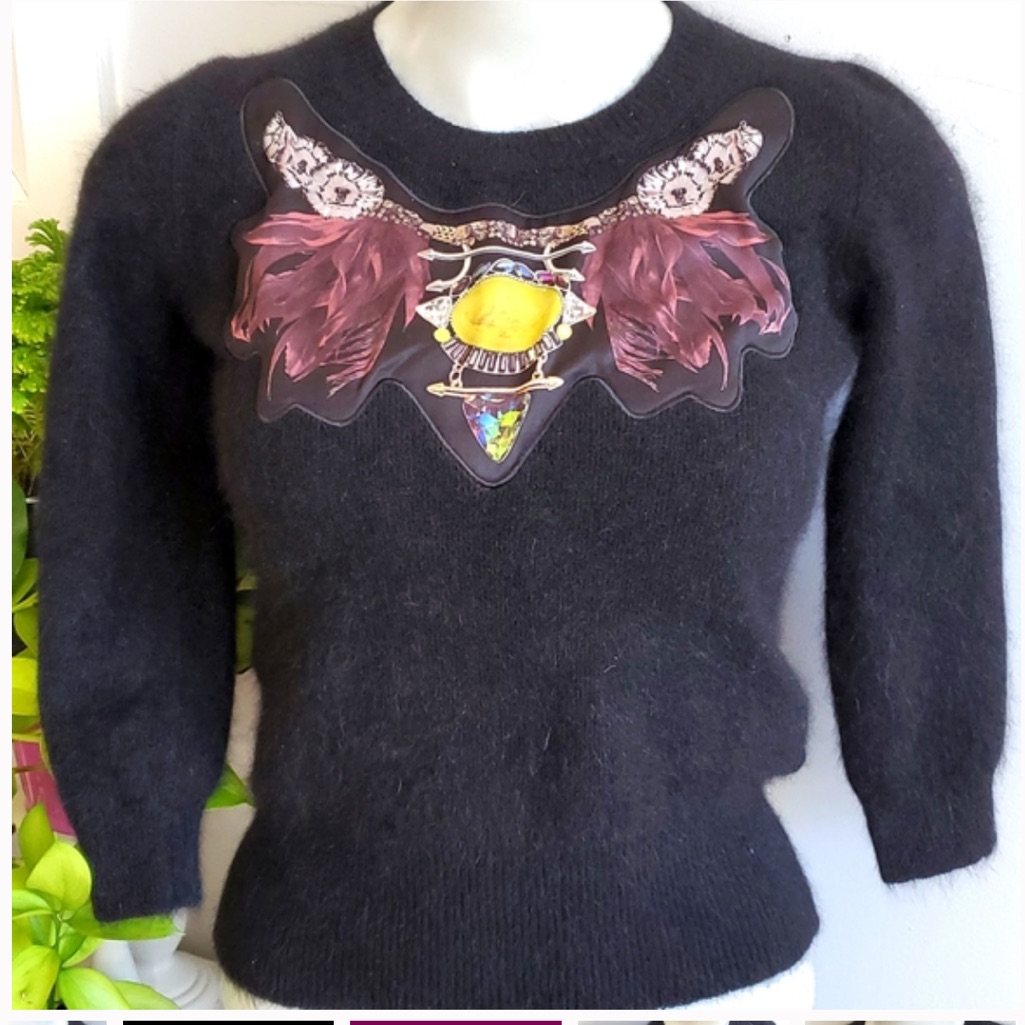 Vintage Wool Space Style Concept Couture Black Sweater With Graphic, S
